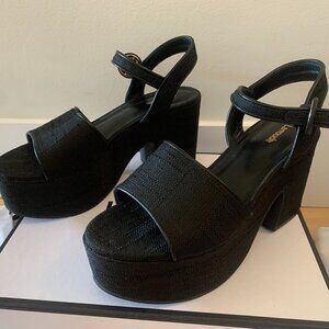 LARROUDE - LIKE NEW Miso Platform Strap Sandal in black raffia - size 8